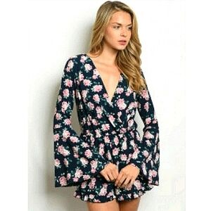 Navy blue pink floral print romper with long sleeves size small new